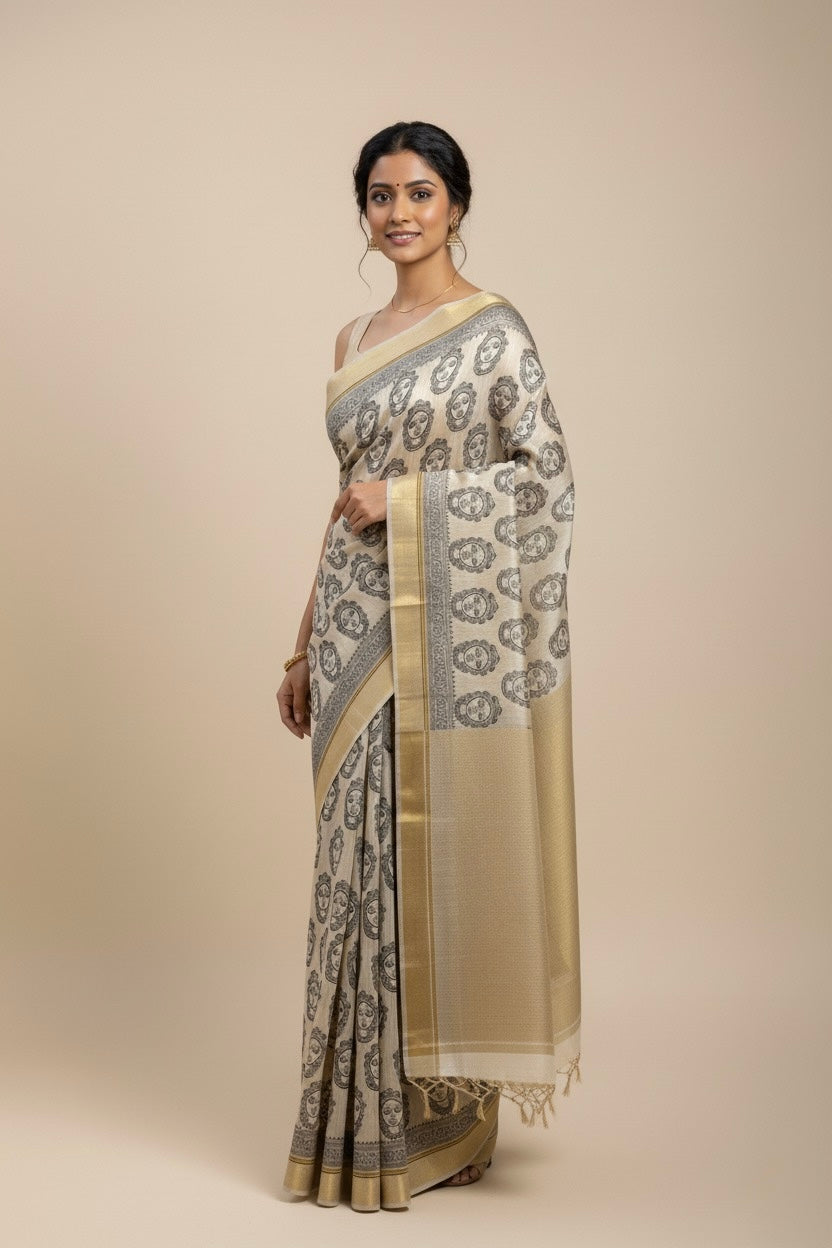 BEIGE PURE MUNGA SILK PRINTED SAREE WITH ZARI BORDER