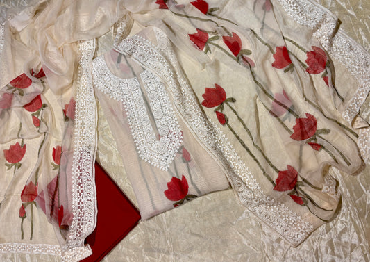 IVORY GEORGETTE SELF-RESHAM EMBROIDERED UNSTITCHED SUIT WITH RED LOTUS PRINT