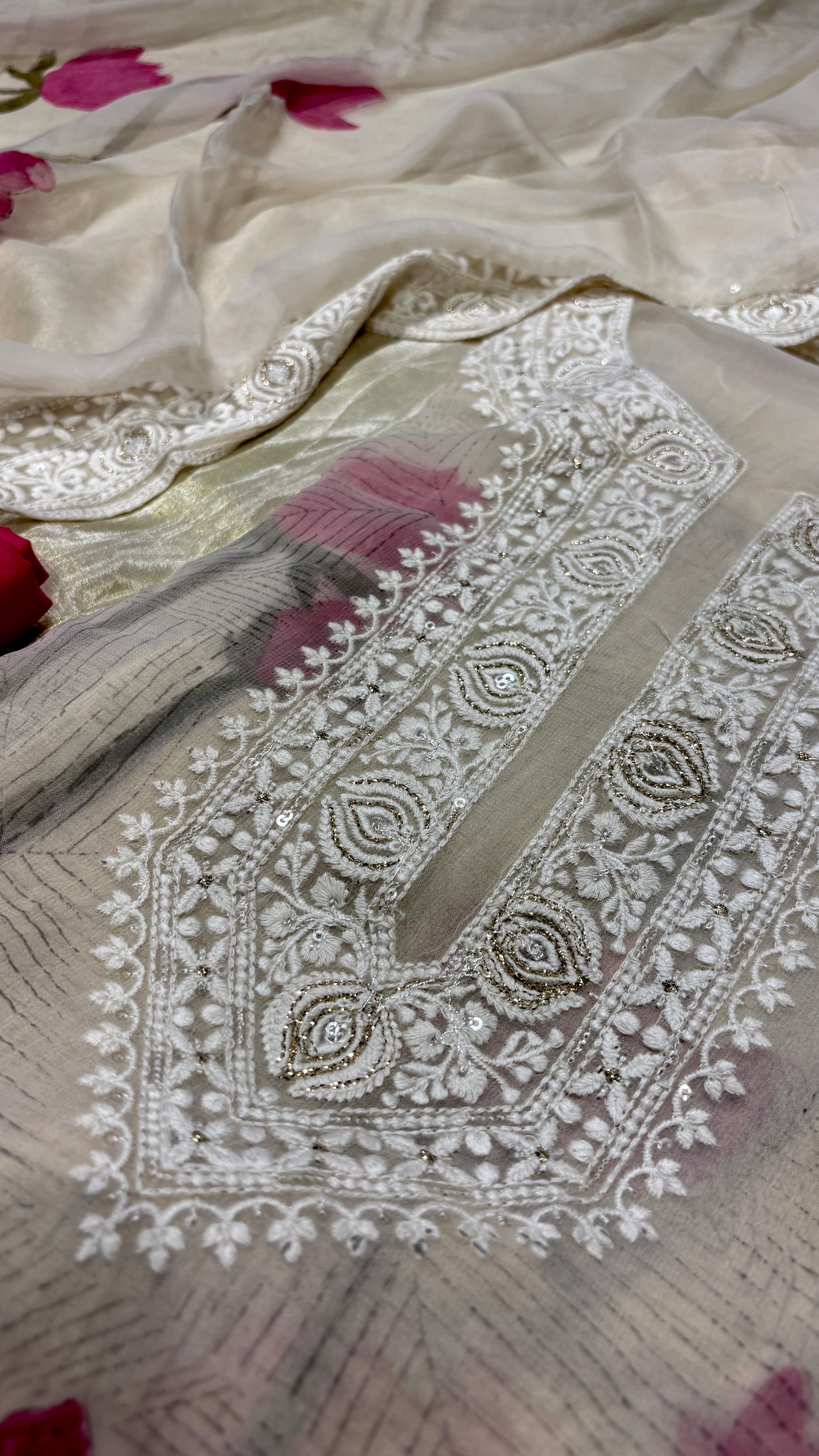 IVORY GEORGETTE SELF-RESHAM EMBROIDERED UNSTITCHED SUIT WITH PINK LOTUS PRINT
