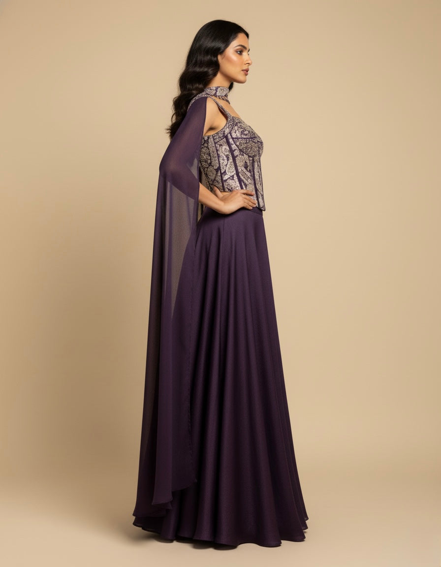 PURPLE CHINON PALAZZO PANT WITH BEADS & CUTDANA EMBELLISHED CORSET BLOUSE AND DUPATTA