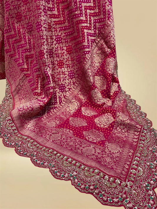 RANI COLOUR BANDHANI KHADDI DUPATTA WITH HAND-EMBROIDERED BORDER
