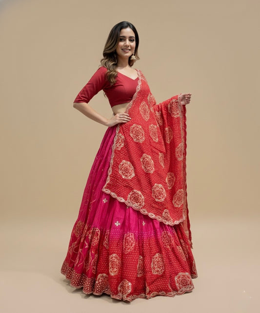 RED AND PINK SHADED SILK BANDHANI LEHENGA WITH GOTA PATTI WORK
