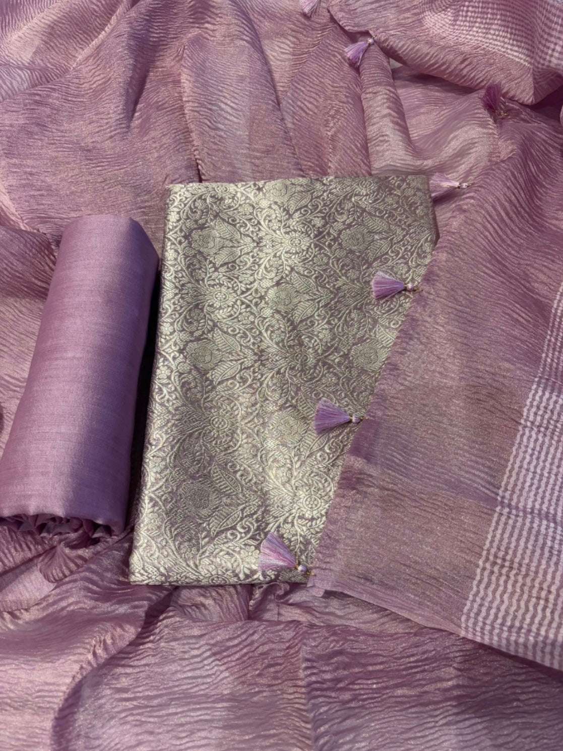 MAUVE PURE BROCADE UNSTITCHED SUIT WITH CRUSHED TISSUE DUPATTA &CHANDERI SILK BOTTOM