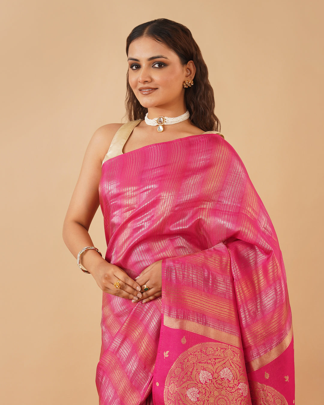 DEEP FUCHSIA PINK PLANT-BASED SILK SAREE WITH SILVER-GOLDEN ZARI STRIPES, ROUND MOTIF PALLA & BOOTI WORK BLOUSE