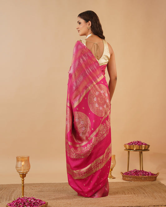 DEEP FUCHSIA PINK PLANT-BASED SILK SAREE WITH SILVER-GOLDEN ZARI STRIPES, ROUND MOTIF PALLA & BOOTI WORK BLOUSE