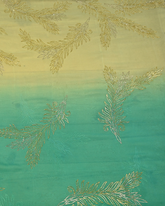 (DELIVERY IN 30 DAYS) SHADED SEA GREEN SAREE WITH GOLDEN SILVER SEQUINS EMBROIDERED LEAF MOTIFS