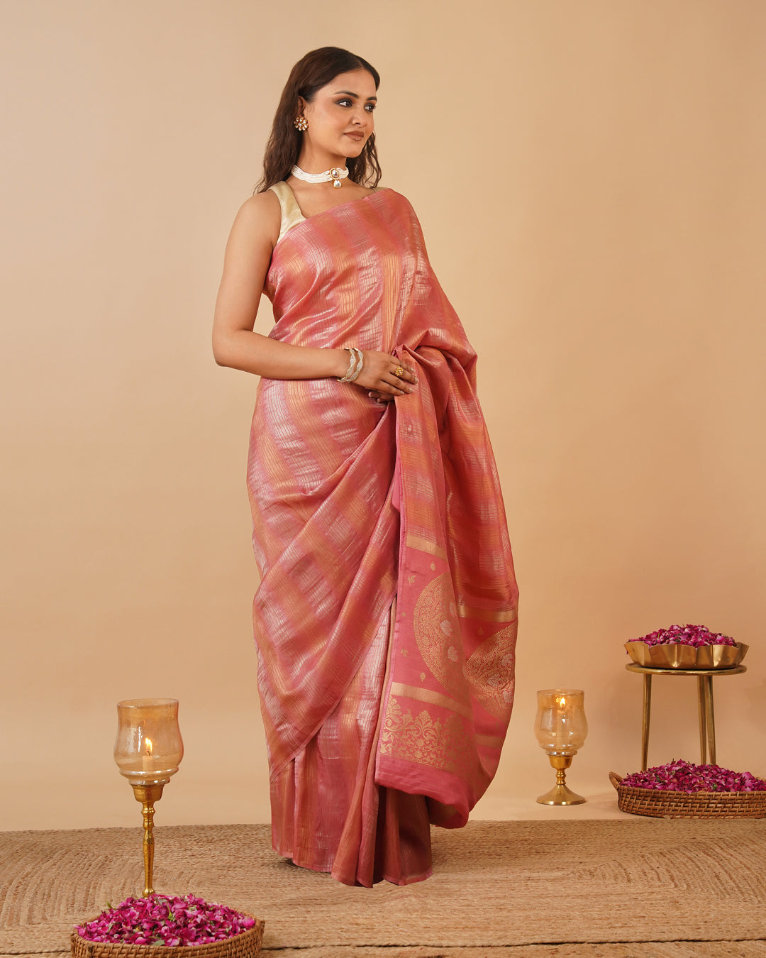 PEACH COLOUR PLANT-BASED SILK SAREE WITH SILVER-GOLDEN ZARI STRIPES, ROUND MOTIF PALLA & BOOTI WORK BLOUSE