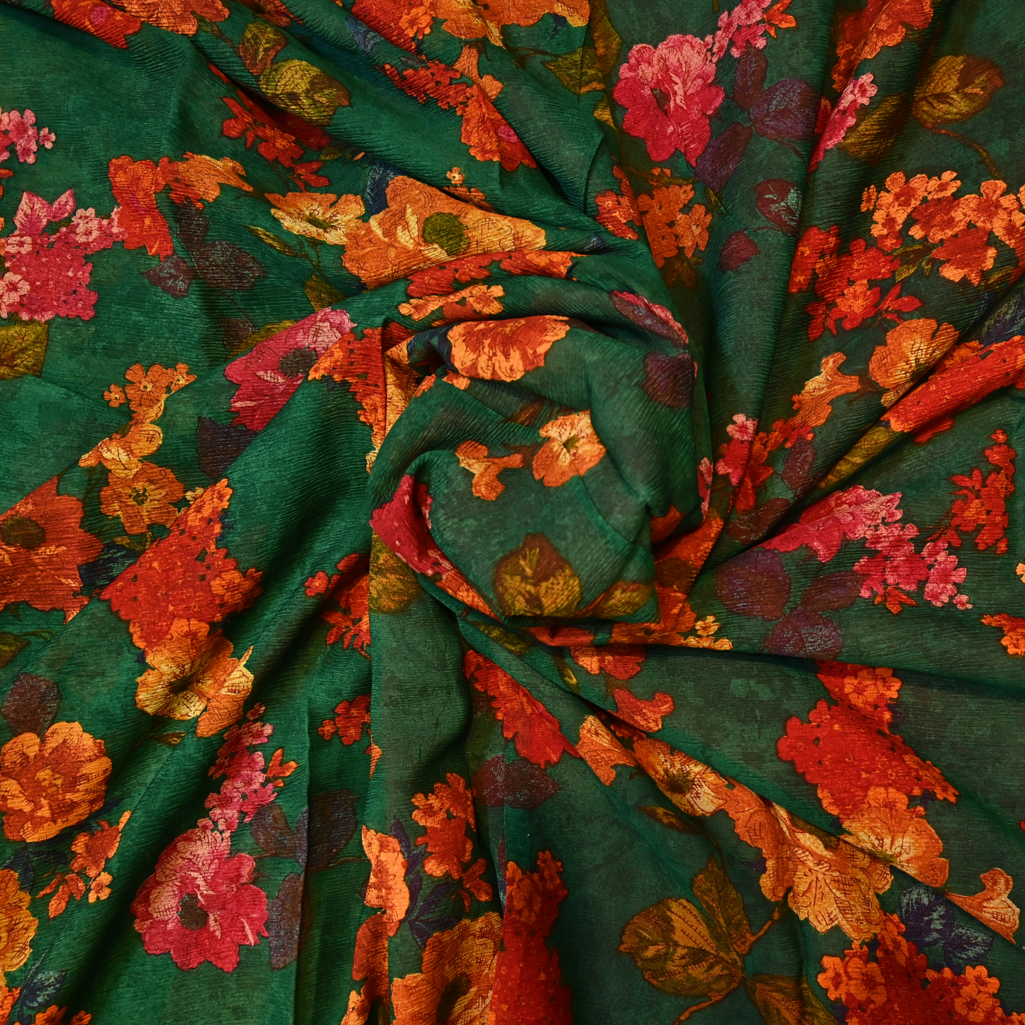 LUSH EMERALD GREEN FLORAL PRINTED PURE CHIFFON SAREE