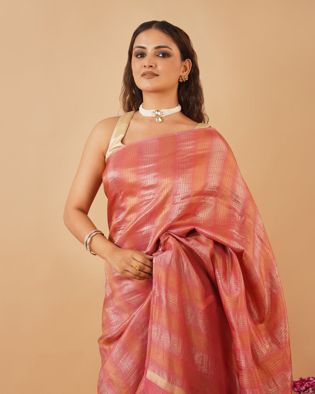 PEACH COLOUR PLANT-BASED SILK SAREE WITH SILVER-GOLDEN ZARI STRIPES, ROUND MOTIF PALLA & BOOTI WORK BLOUSE