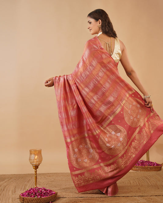 PEACH COLOUR PLANT-BASED SILK SAREE WITH SILVER-GOLDEN ZARI STRIPES, ROUND MOTIF PALLA & BOOTI WORK BLOUSE