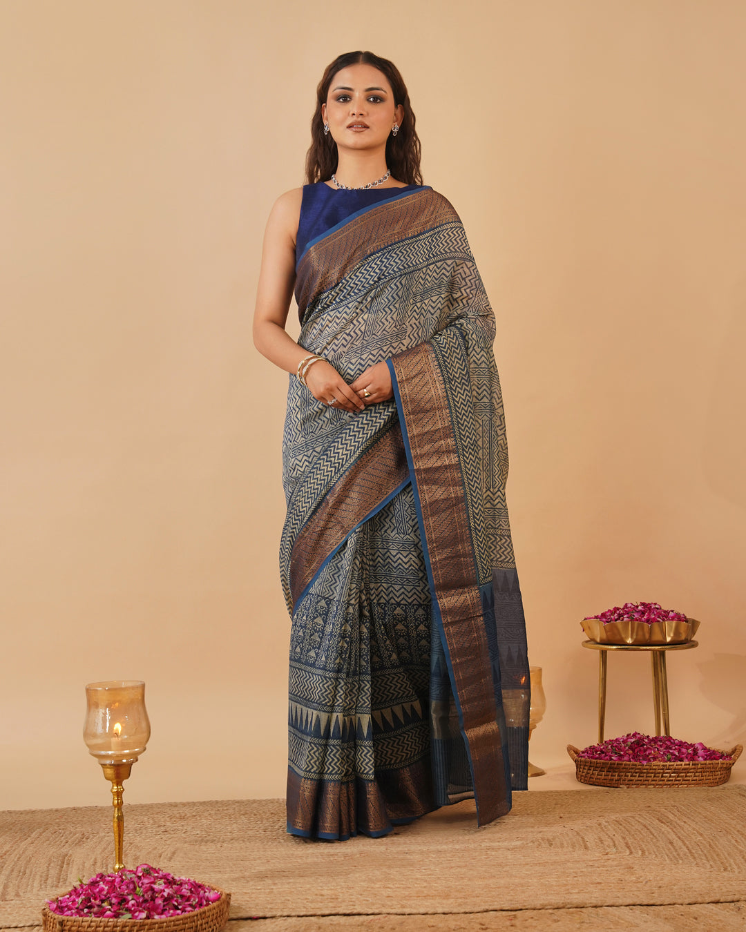 INDIGO BLUE AJRAKH PRINT CHANDERI SAREE WITH ANTIQUE ZARI BORDER