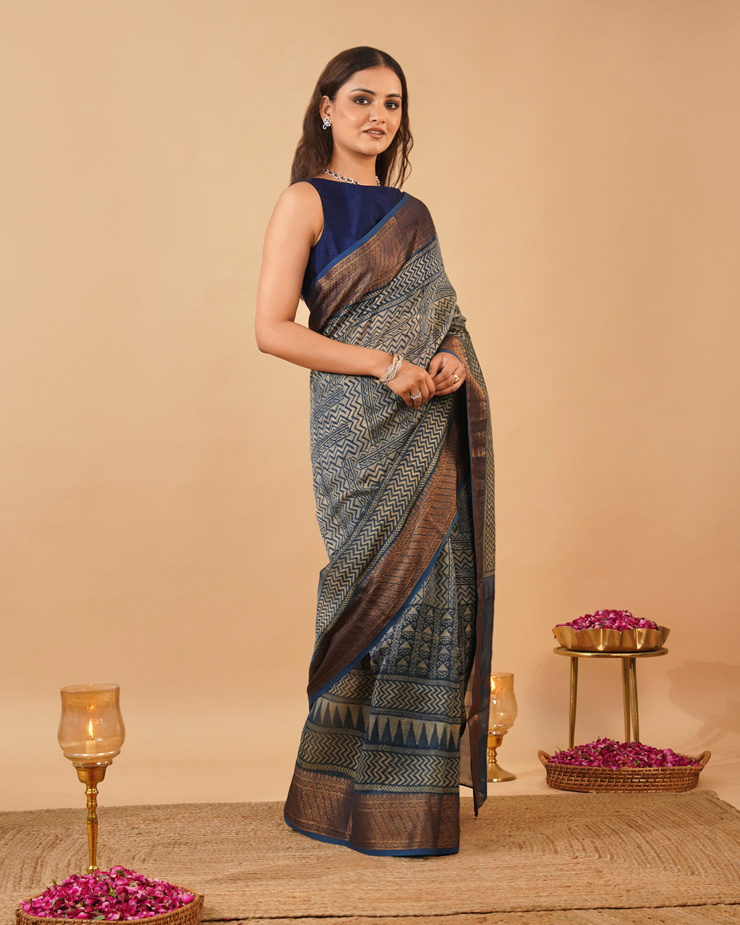 INDIGO BLUE AJRAKH PRINT CHANDERI SAREE WITH ANTIQUE ZARI BORDER