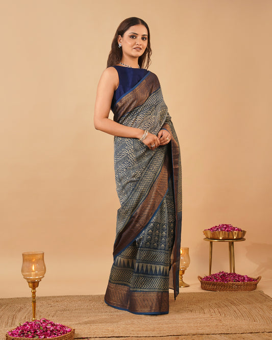 (Deliver in 10 Days) INDIGO BLUE AJRAKH PRINT CHANDERI SAREE WITH ANTIQUE ZARI BORDER