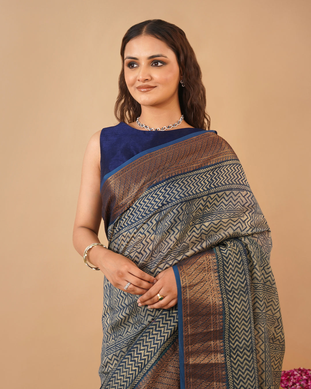 INDIGO BLUE AJRAKH PRINT CHANDERI SAREE WITH ANTIQUE ZARI BORDER