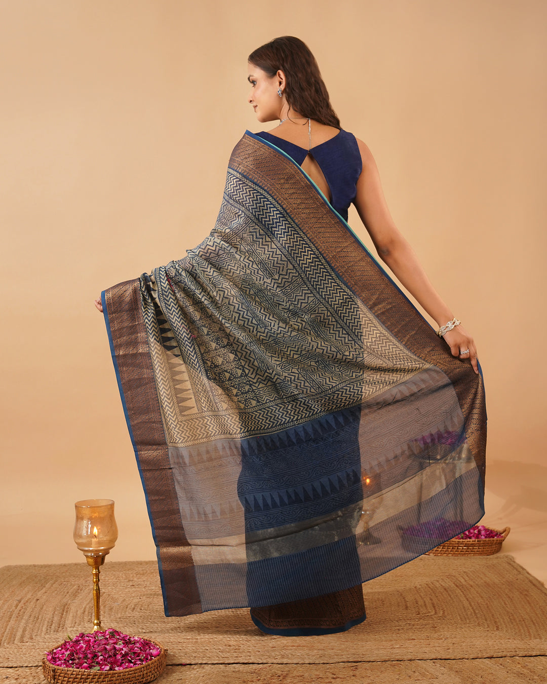 INDIGO BLUE AJRAKH PRINT CHANDERI SAREE WITH ANTIQUE ZARI BORDER