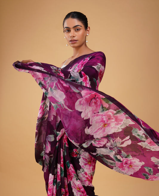 ( DELIVERY IN 20 DAYS ) MAGENTA & PURPLE FLORAL PRINTED CHINON SAREE WITH PLAIN CREPE BLOUSE