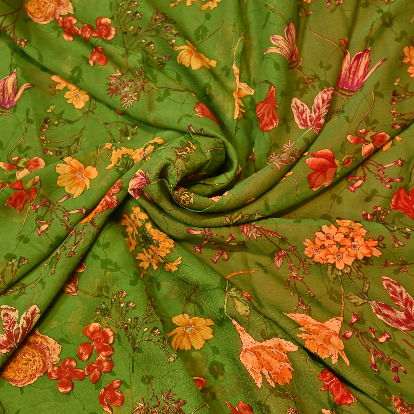 LUSH GREEN FLORAL PRINTED CHIFFON SAREE