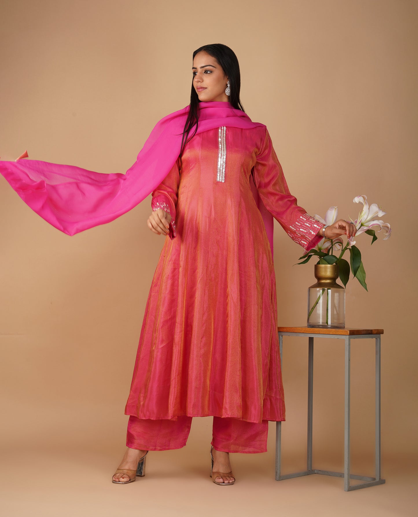 (DELIVERY IN 20 DAYS) DARK CORAL COLOUR SOFT GEORGETTE TISSUE READYMADE SUIT WITH SEQUINS WORK, PALAZZO & CONTRAST PINK DUPATTA