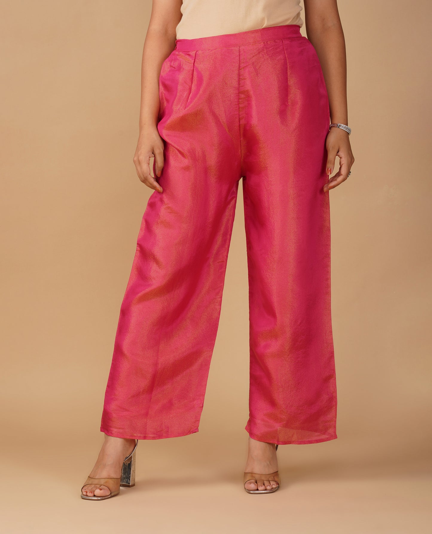 (DELIVERY IN 20 DAYS) DARK CORAL COLOUR SOFT GEORGETTE TISSUE READYMADE SUIT WITH SEQUINS WORK, PALAZZO & CONTRAST PINK DUPATTA