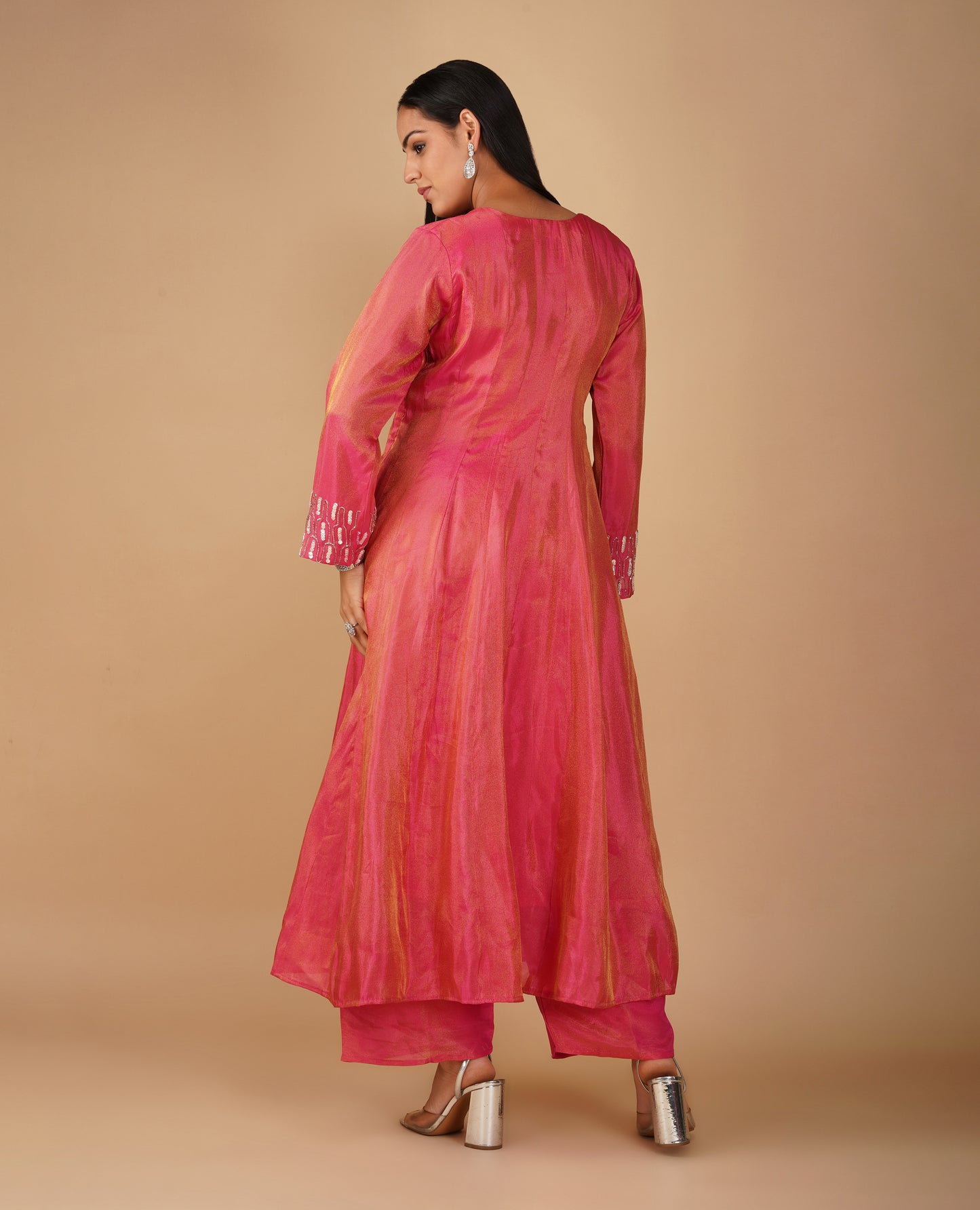 (DELIVERY IN 20 DAYS) DARK CORAL COLOUR SOFT GEORGETTE TISSUE READYMADE SUIT WITH SEQUINS WORK, PALAZZO & CONTRAST PINK DUPATTA