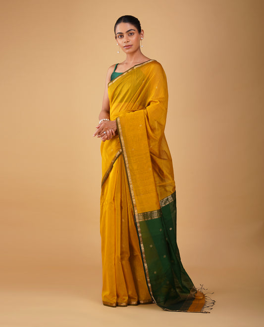 MUSTARD MAHESHWARI SAREE WITH BOTTLE GREEN CONTRAST PALLA & BLOUSE (DELIVERY IN 15-20 DAYS)