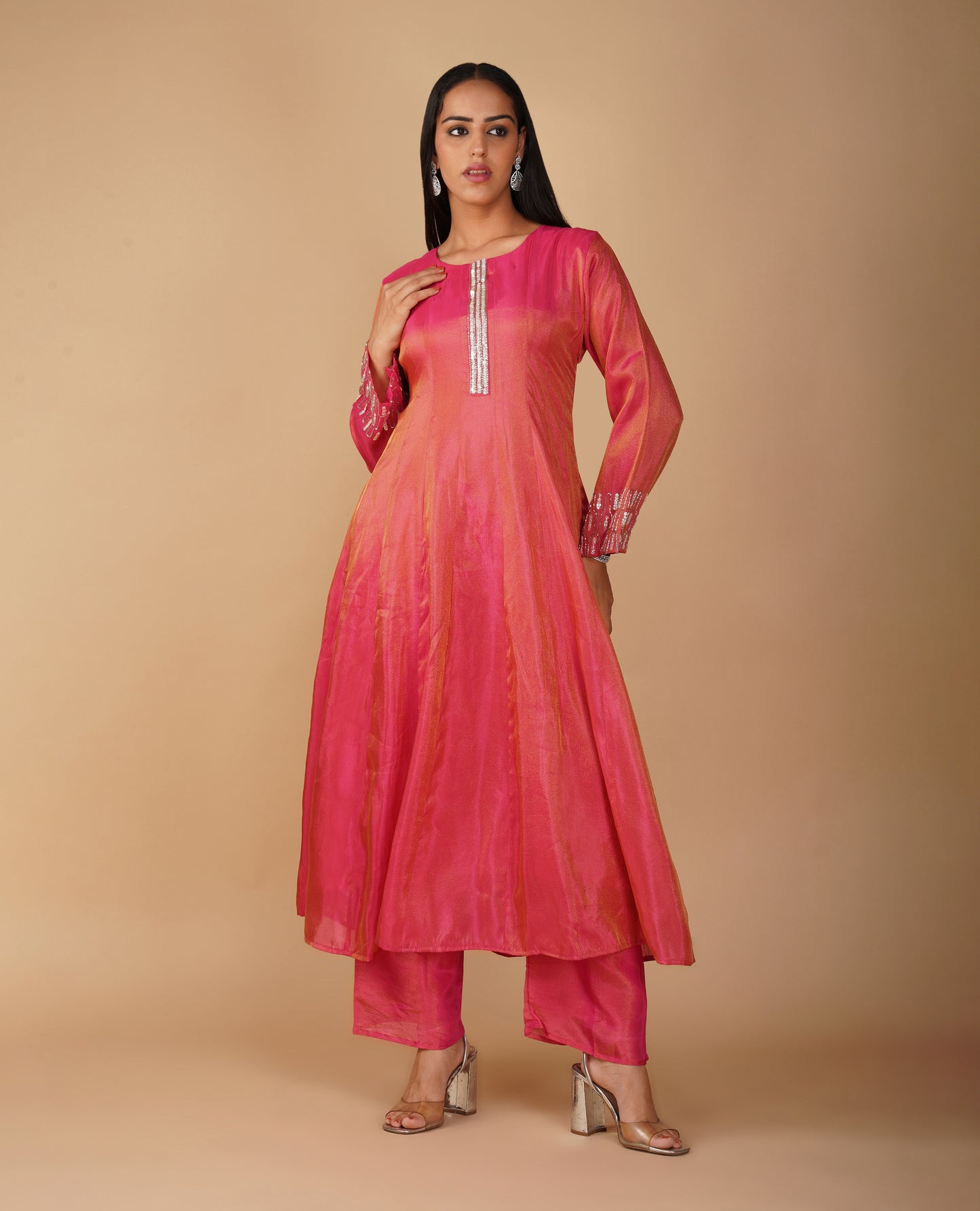 (DELIVERY IN 20 DAYS) DARK CORAL COLOUR SOFT GEORGETTE TISSUE READYMADE SUIT WITH SEQUINS WORK, PALAZZO & CONTRAST PINK DUPATTA