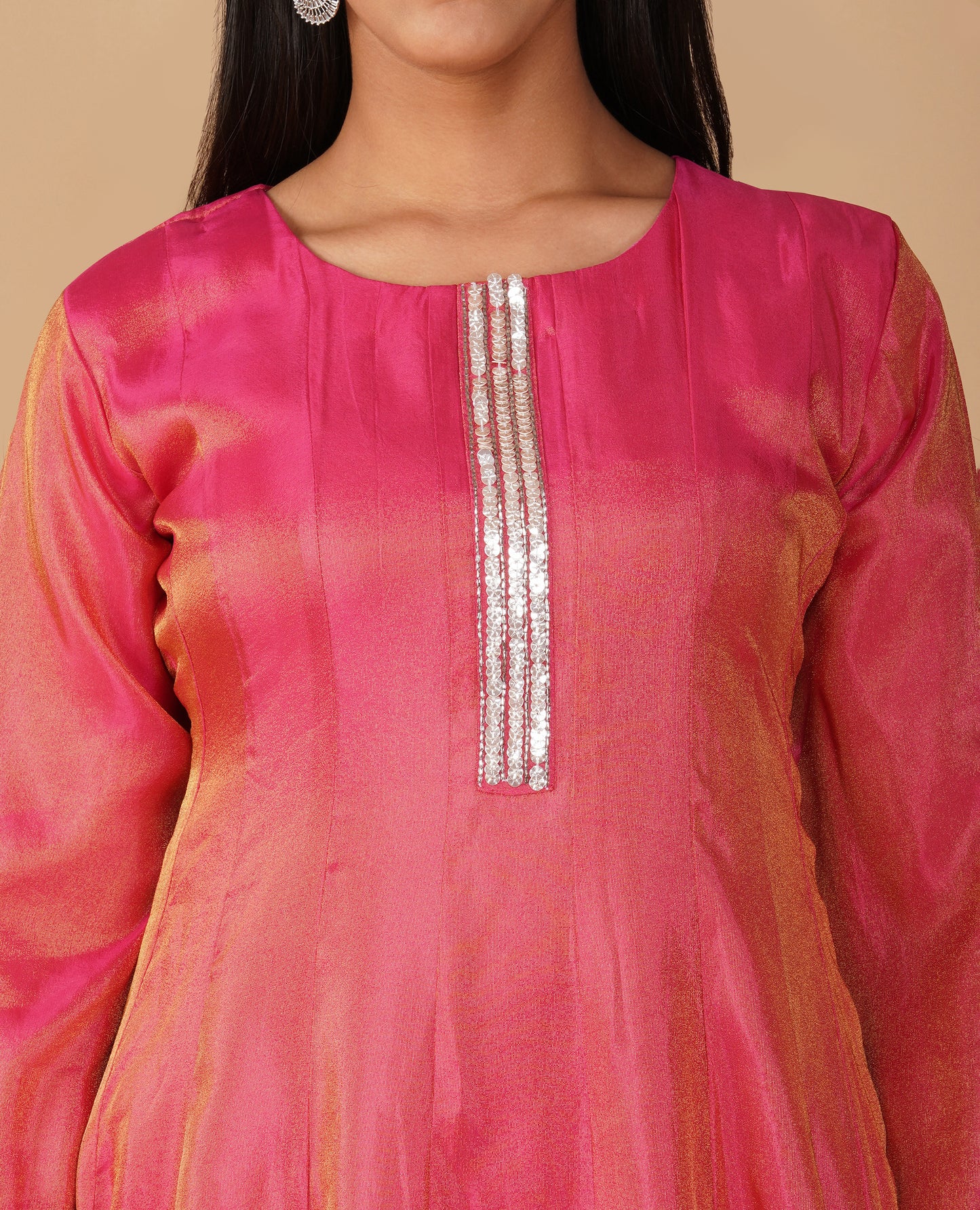 (DELIVERY IN 20 DAYS) DARK CORAL COLOUR SOFT GEORGETTE TISSUE READYMADE SUIT WITH SEQUINS WORK, PALAZZO & CONTRAST PINK DUPATTA