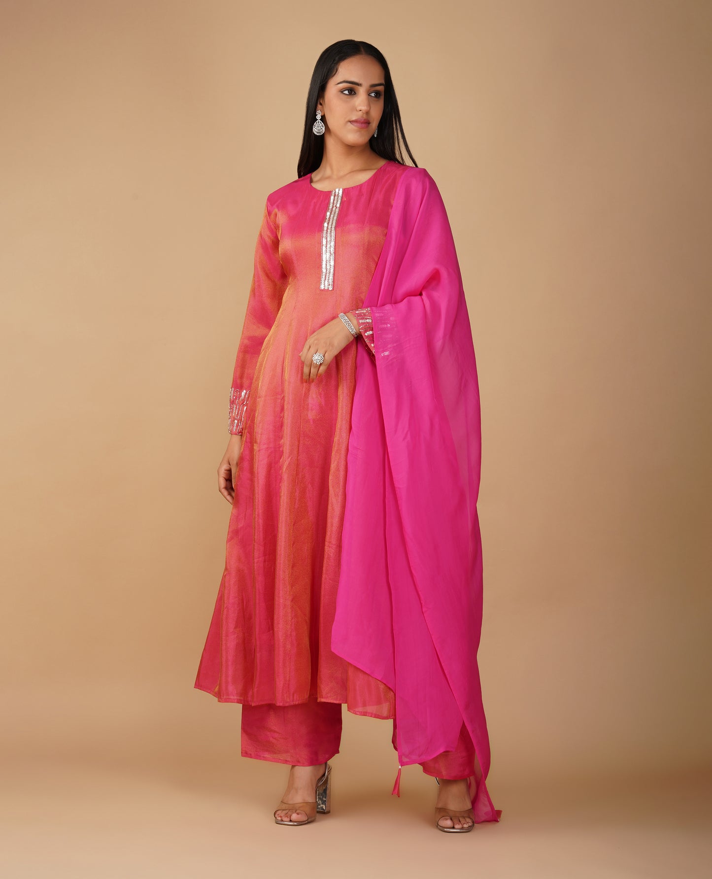 (DELIVERY IN 20 DAYS) DARK CORAL COLOUR SOFT GEORGETTE TISSUE READYMADE SUIT WITH SEQUINS WORK, PALAZZO & CONTRAST PINK DUPATTA