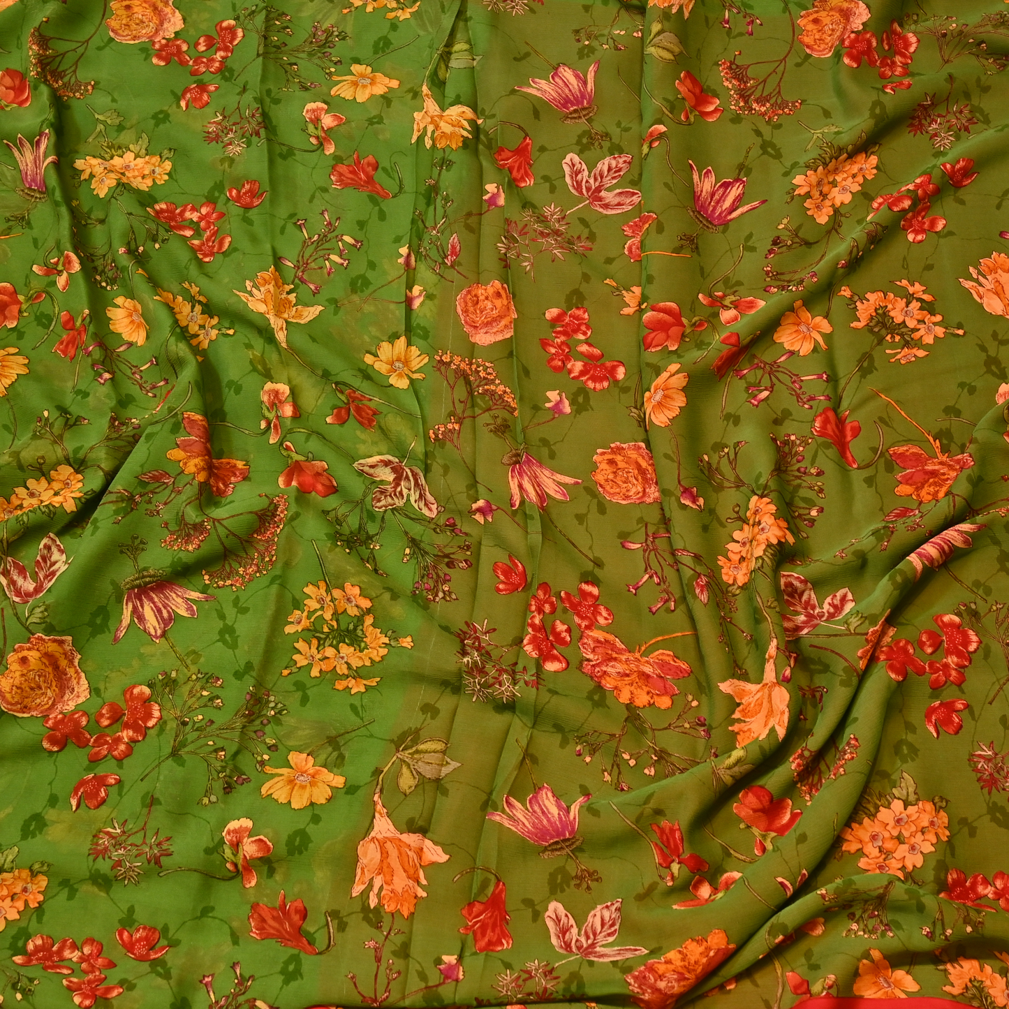 LUSH GREEN FLORAL PRINTED CHIFFON SAREE