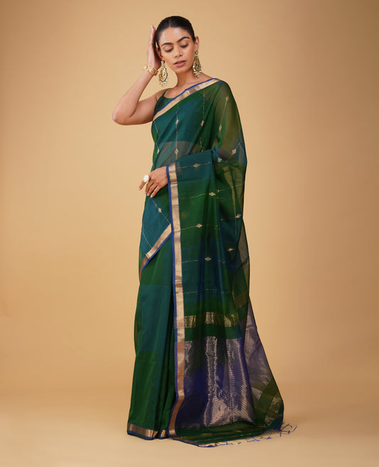 BOTTLE GREEN-BLUE SHADED MAHESHWARI SAREE WITH DIAMOND DRILL BORDER & ZARI STRIPES BLOUSE