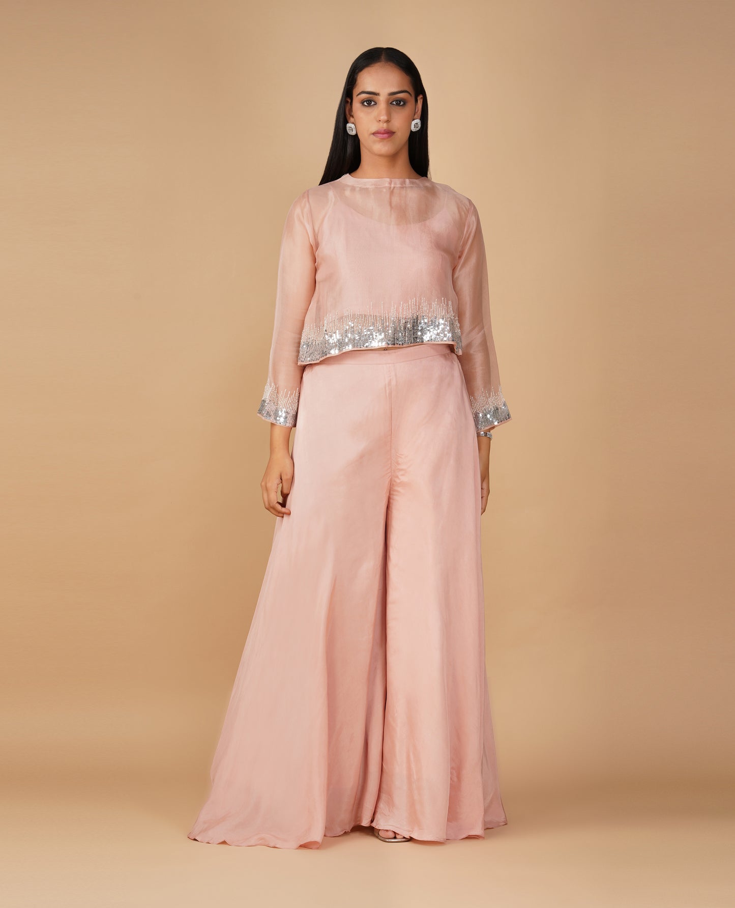 (DELIVERY IN 20 DAYS) LIGHT PINK ORGANZA INDO-WESTERN SET WITH SEQUINS EMBROIDERY AND FLARED PANTS