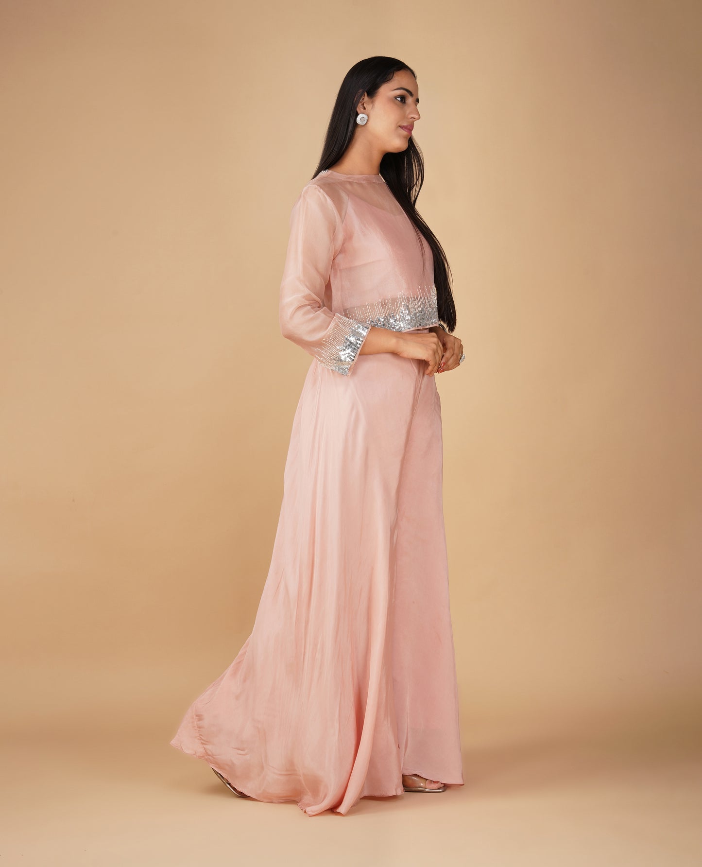 (DELIVERY IN 20 DAYS) LIGHT PINK ORGANZA INDO-WESTERN SET WITH SEQUINS EMBROIDERY AND FLARED PANTS