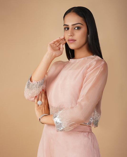 LIGHT PINK ORGANZA INDO-WESTERN SET WITH SEQUINS EMBROIDERY AND FLARED PANTS (DELIVERY IN 20 DAYS)