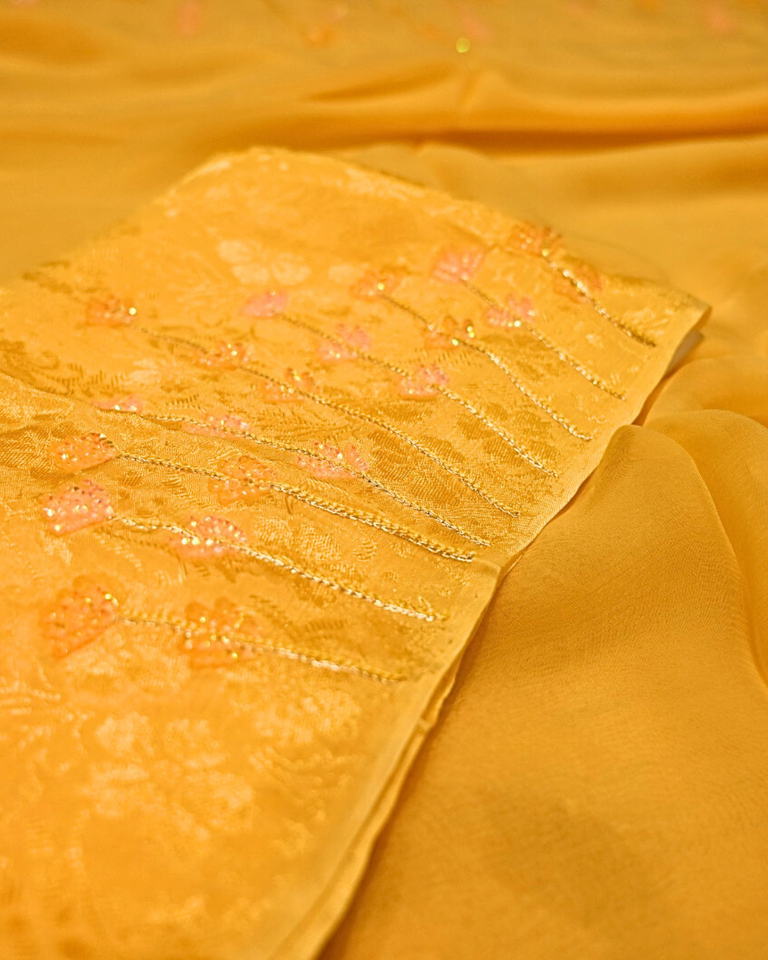 SELF YELLOW COLOUR SEQUINS BORDER IN PLANT BASED CHIFFON SAREE