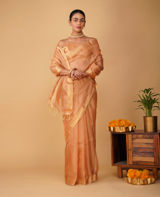 COPPER MOCK LENO WEAVE MAHESHWARI SAREE WITH PIANO PATTERN DRILL BORDER & MATCHING BLOUSE