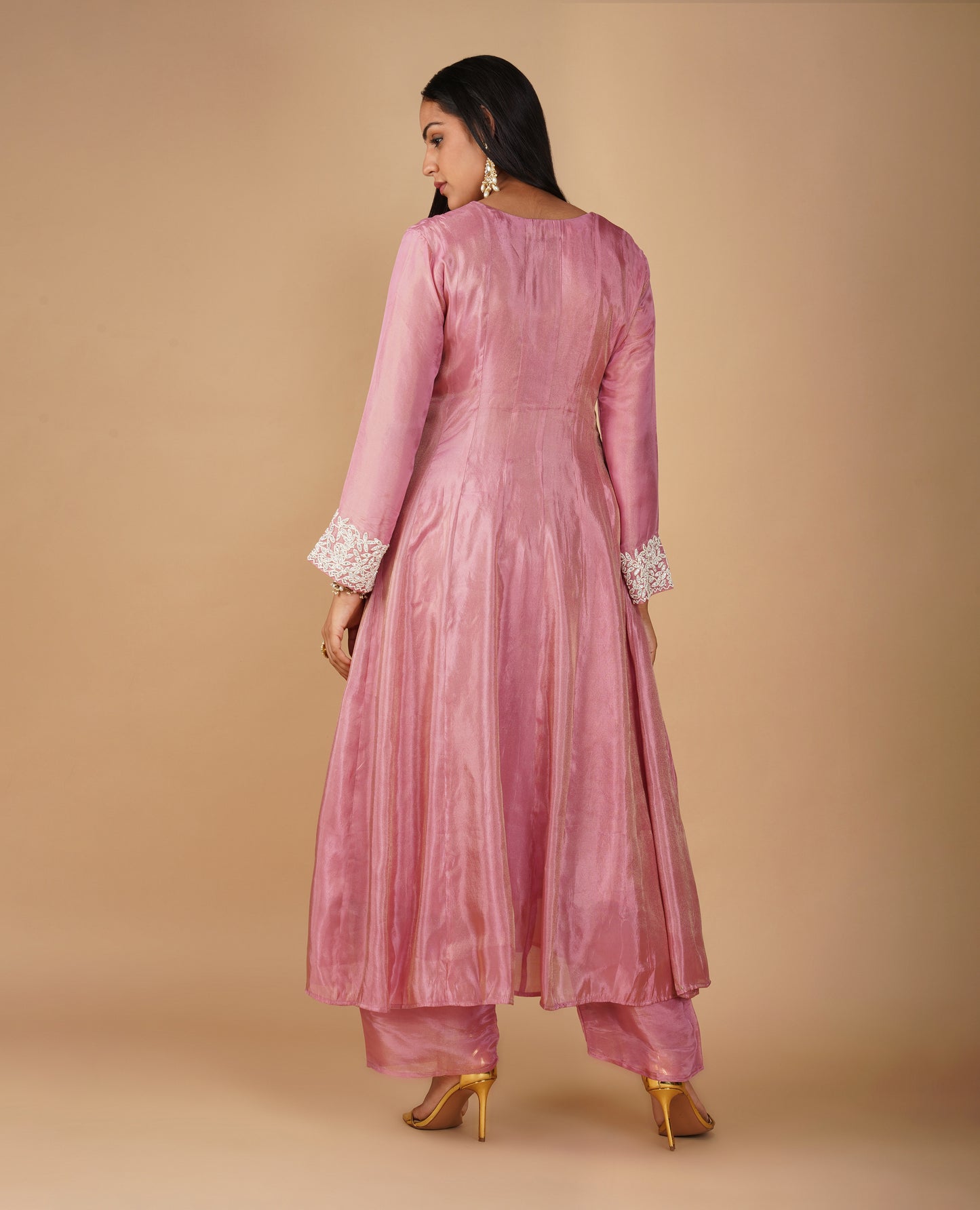 (DELIVERY IN 20 DAYS) DUSTY ROSE PINK TISSUE FABRIC READYMADE SUIT WITH PEARL EMBROIDERY, PALAZZO & DUPATTA