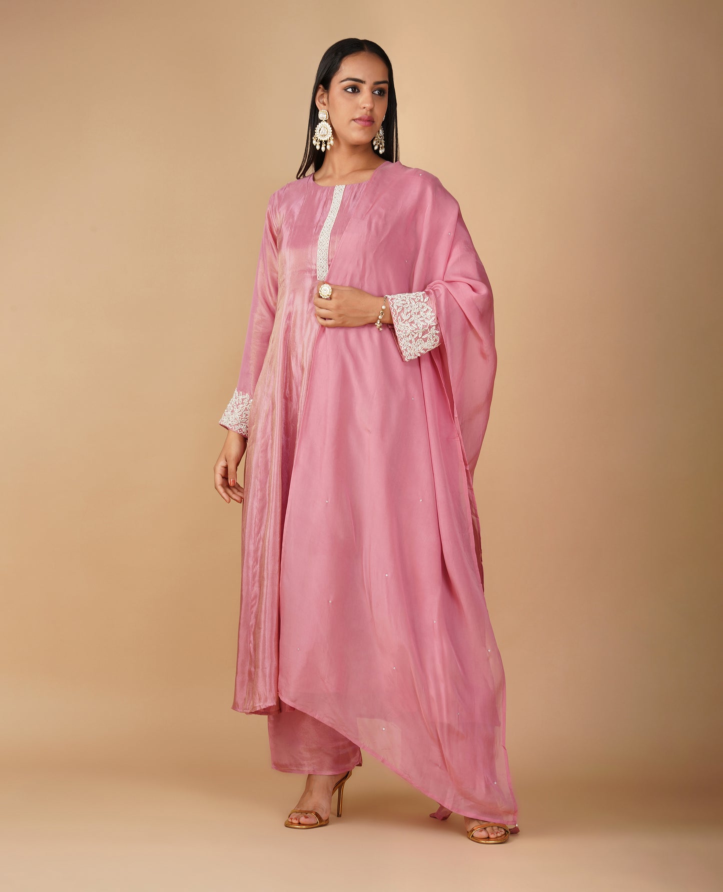 (DELIVERY IN 20 DAYS) DUSTY ROSE PINK TISSUE FABRIC READYMADE SUIT WITH PEARL EMBROIDERY, PALAZZO & DUPATTA