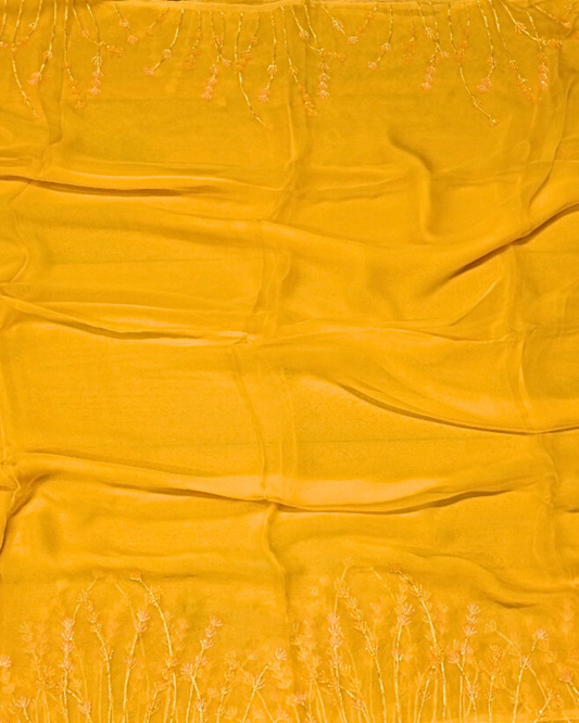 ( DELIVERY IN 20 DAYS ) SELF YELLOW COLOUR SEQUINS BORDER IN PLANT BASED CHIFFON SAREE