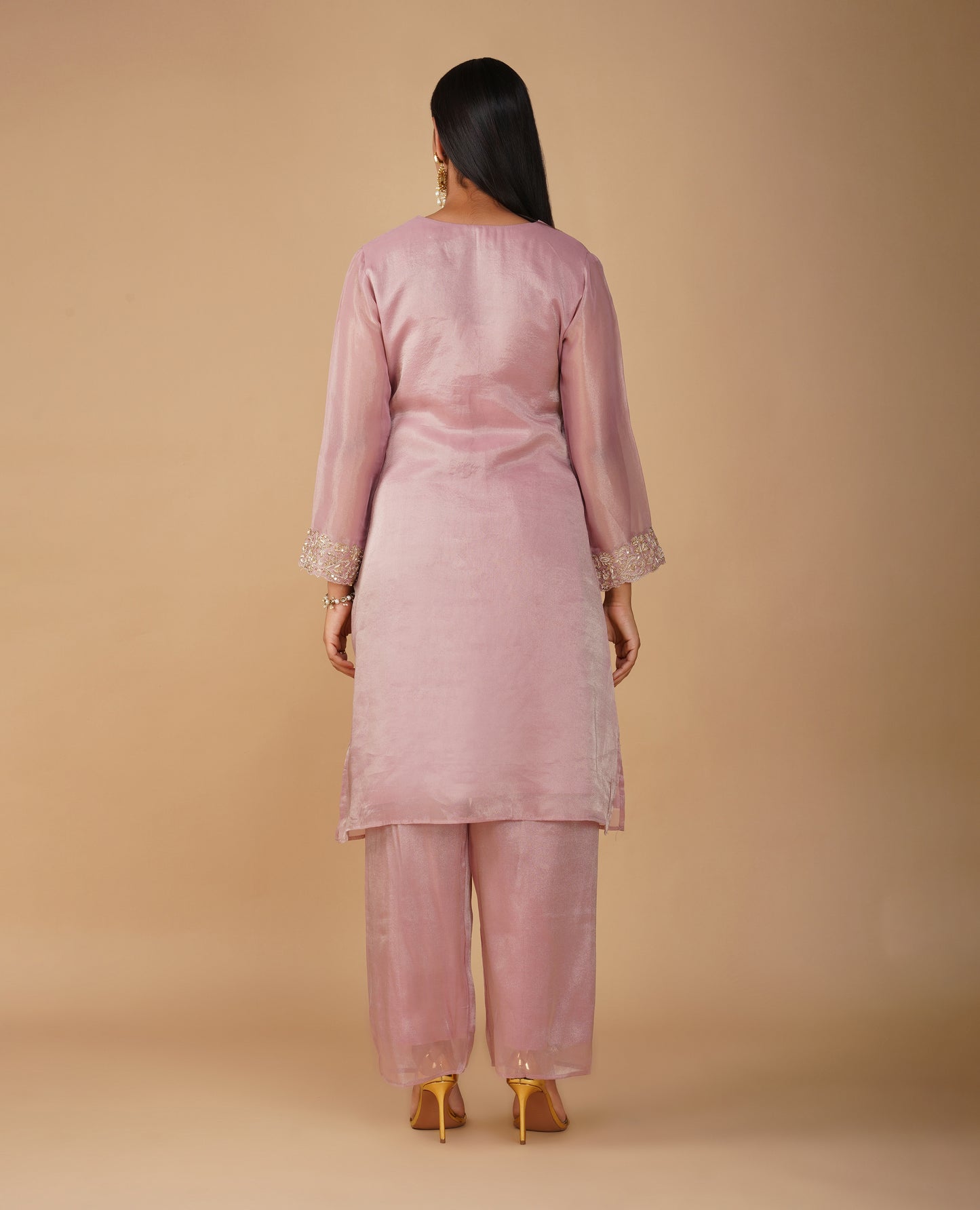 (DELIVERY IN 20 DAYS) PINK ZARDOZI EMBROIDERED SOFT GEORGETTE TISSUE SUIT WITH PANTS & ORGANZA DUPATTA