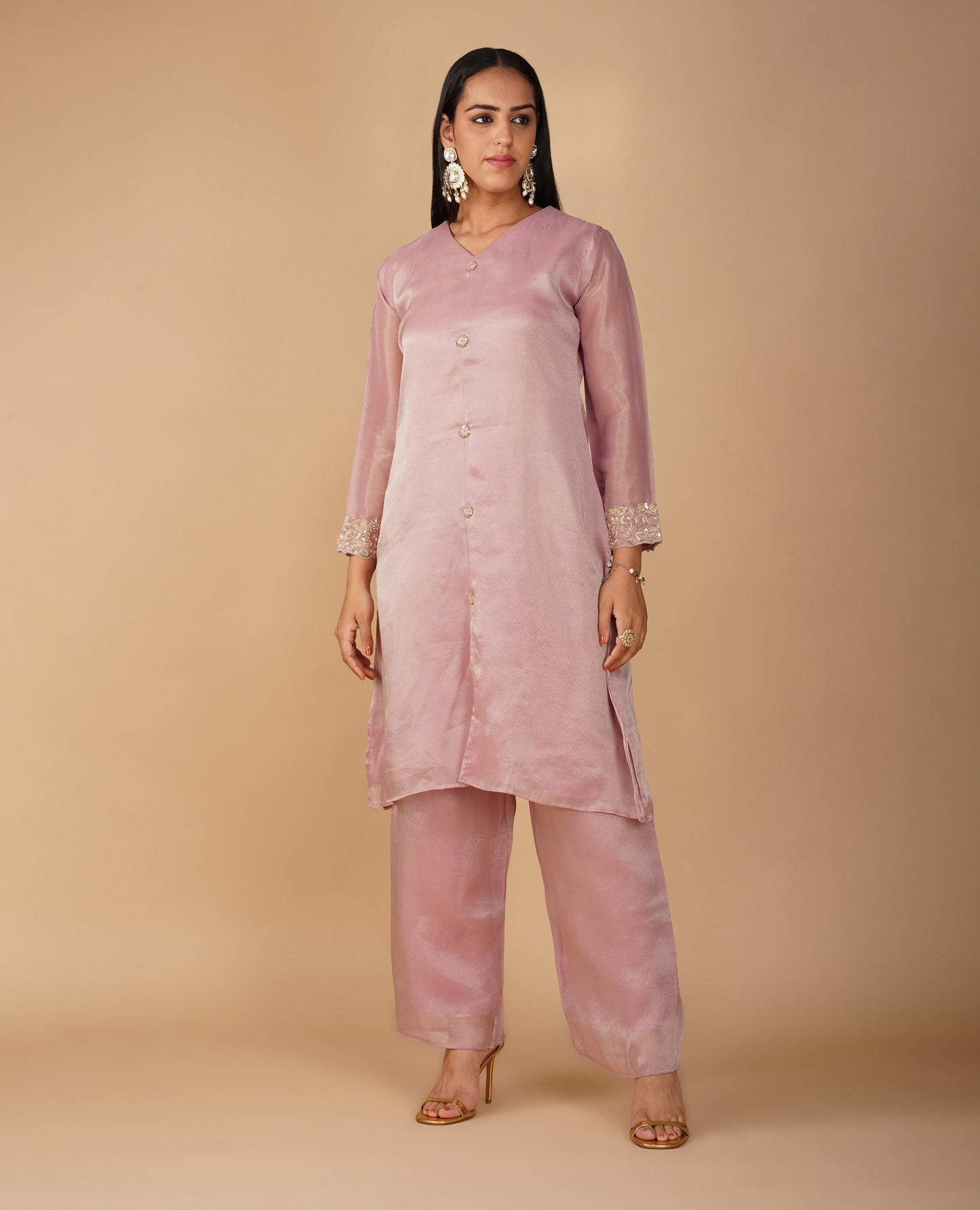 (DELIVERY IN 20 DAYS) PINK ZARDOZI EMBROIDERED SOFT GEORGETTE TISSUE SUIT WITH PANTS & ORGANZA DUPATTA