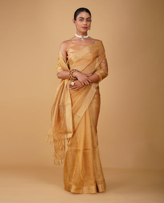 GOLDEN MOCK LENO WEAVE MAHESHWARI SAREE WITH PIANO PATTERN DRILL BORDER & MATCHING BLOUSE