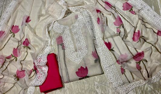 IVORY GEORGETTE SELF-RESHAM EMBROIDERED UNSTITCHED SUIT WITH PINK LOTUS PRINT