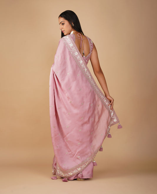 MUTED BLUSH PINK ORGANZA SATIN SAREE WITH PARSI EMBROIDERY (DELIVERY IN 20 DAYS)