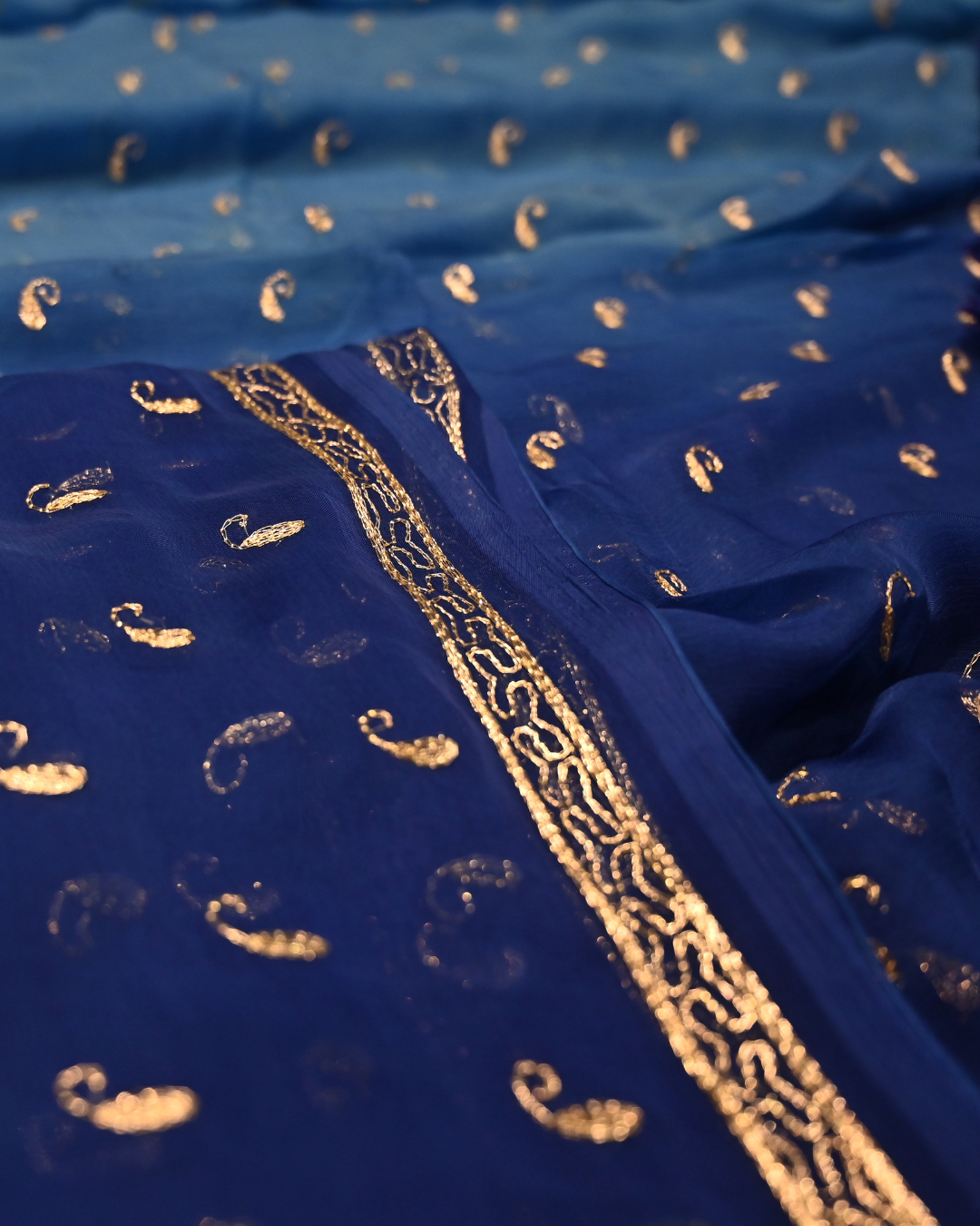 SHADED BLUE COLOUR, 30 GRAM, PLANT CHIFFON SAREE WITH AARI EMBROIDERY