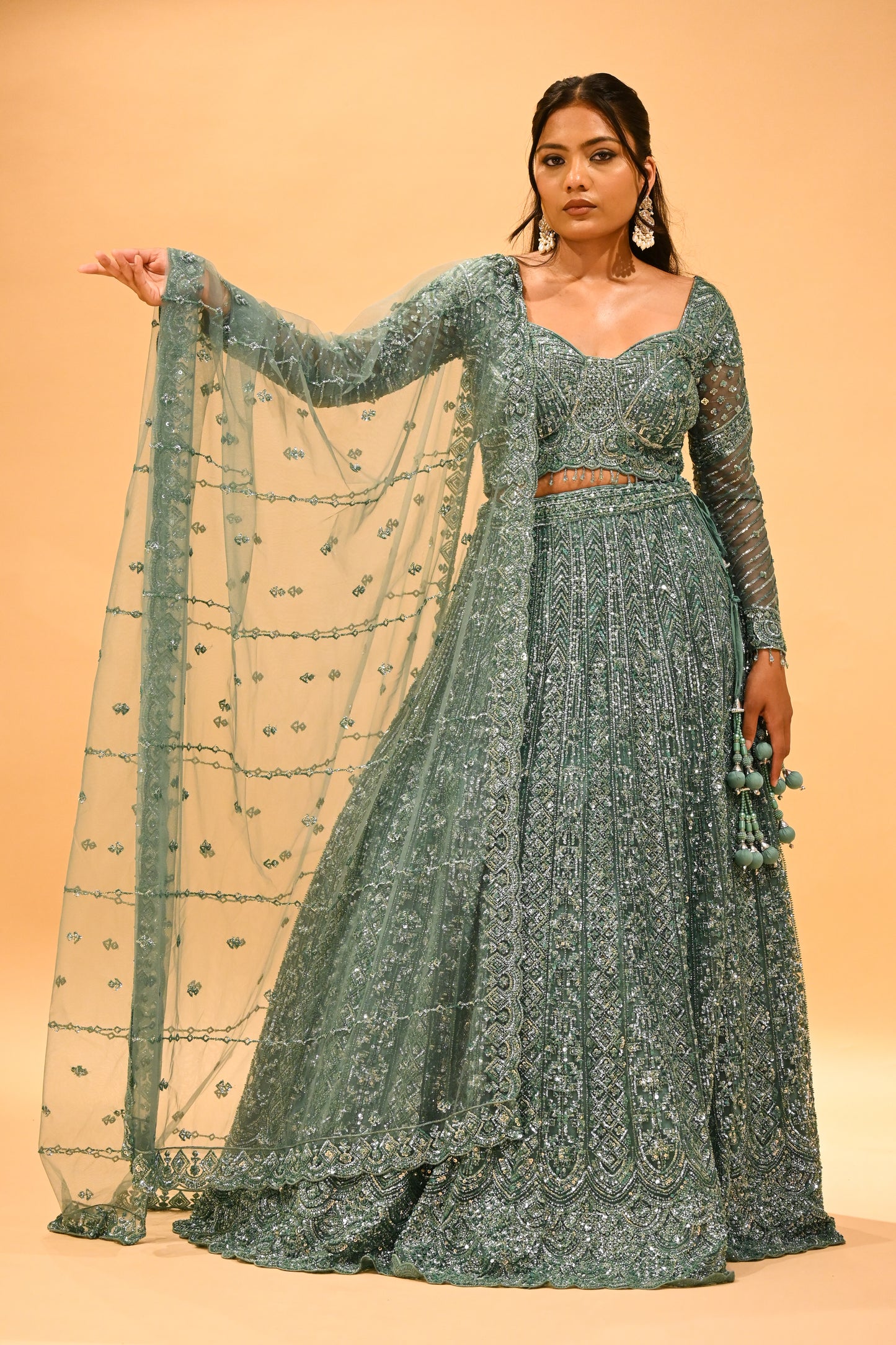 TEAL GREEN SEQUIN EMBROIDERED READY-TO-WEAR LEHENGA WITH CROP TOP & DUPATTA