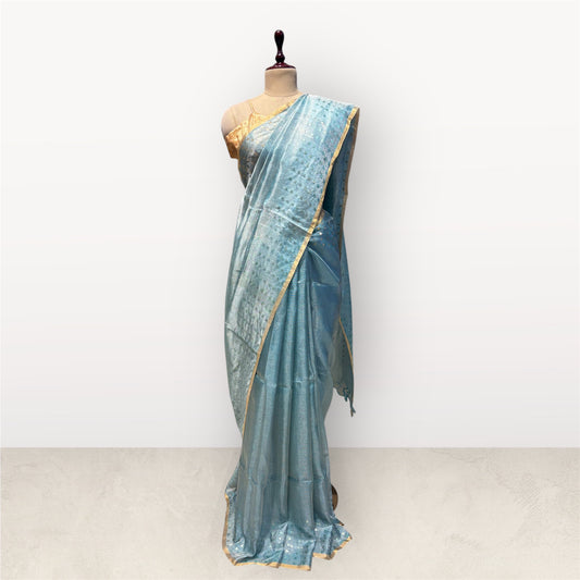 AQUA COLOUR SOFT TISSUE SAREE WITH SEQUINS IN THE WEAVE