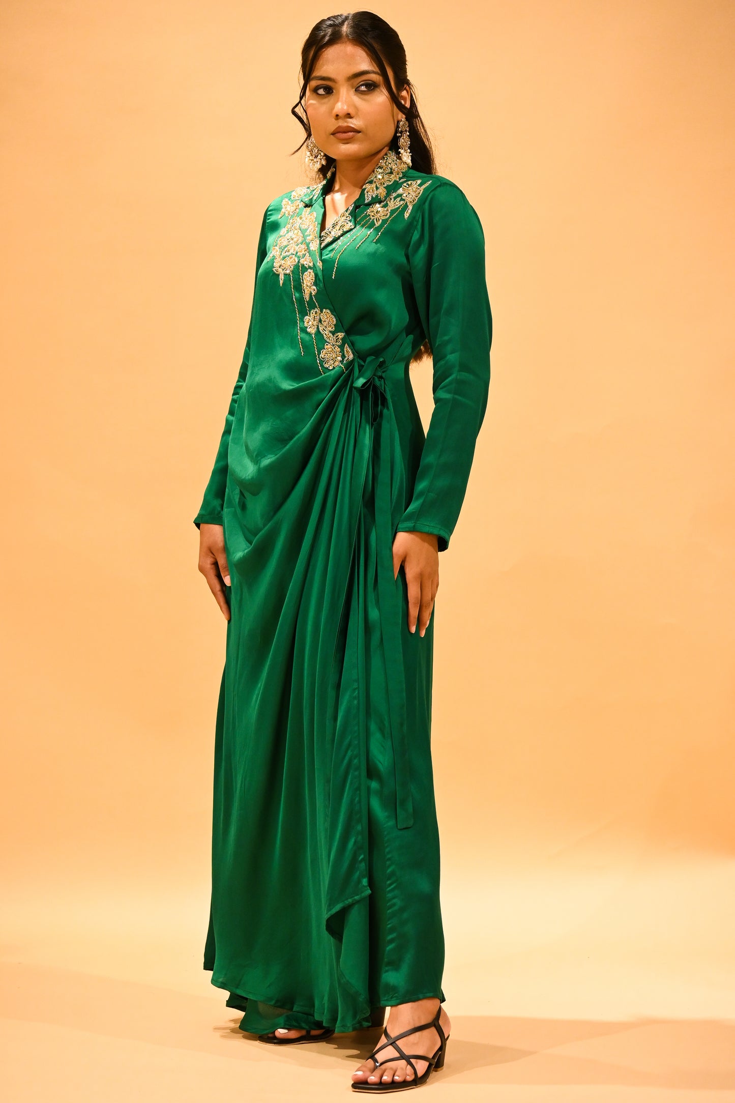 EMERALD GREEN SATIN DRESS WITH ZARDOZI EMBROIDERY