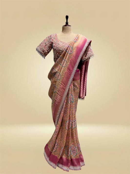 PINK BANARASI BROCADE SAREE WITH READYMADE BLOUSE EMBELLISHED WITH SEQUINS & ZARDOZI WORK