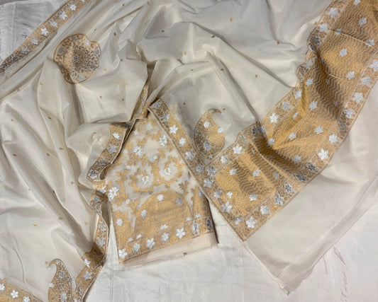 OFF WHITE CHANDERI UNSTITCHED SUIT SET (2 PIECE -KURTA & DUPATTA)