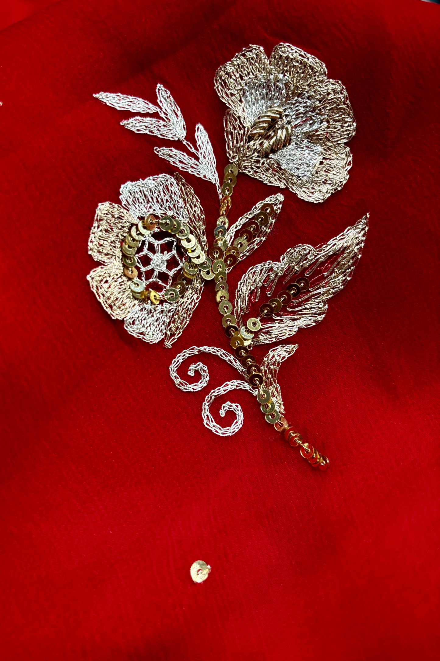 RED CHIFFON SAREE WITH AARI SEQUINS EMBROIDERY AND CUT WORK JAALI MOTIFS